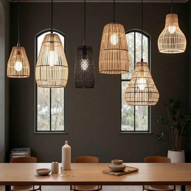 Hybrid rattan-metal pendant light in a minimalist living room